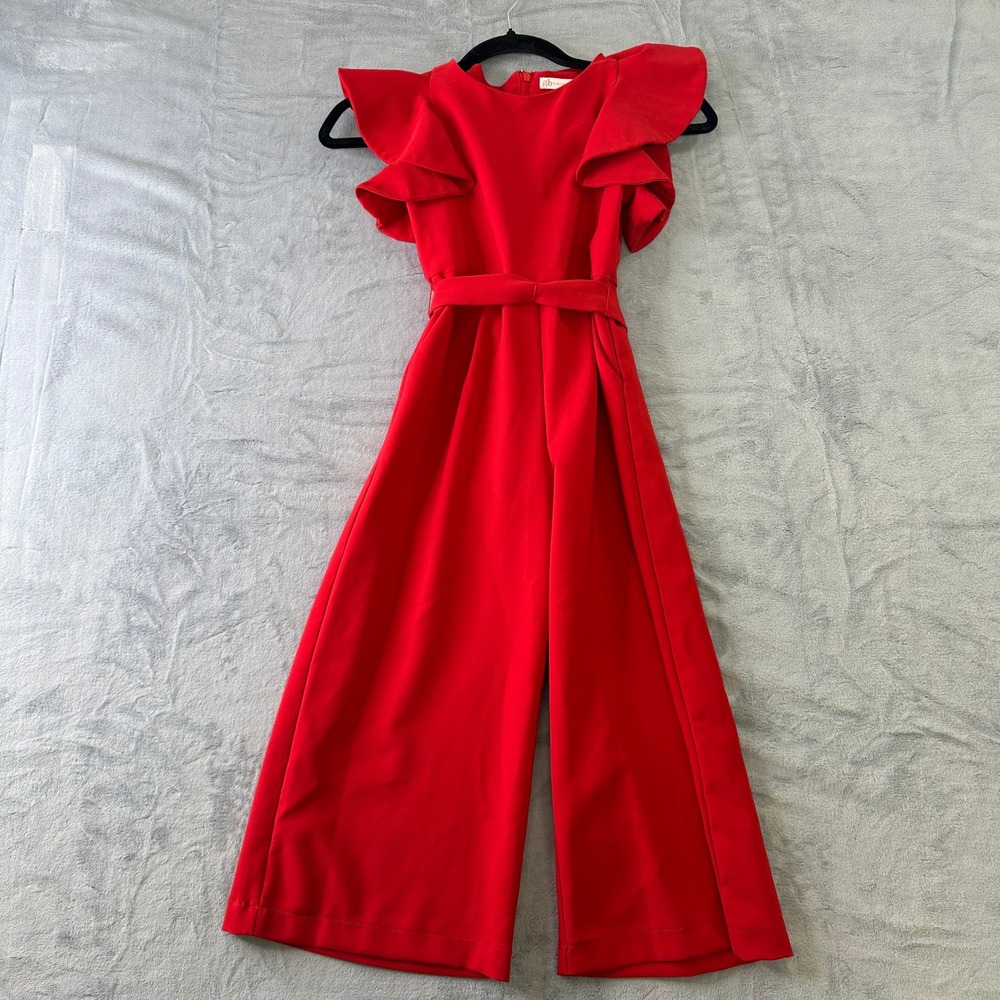 GB Girls Red Ruffle Sleeve Wide Leg Jumpsuit Size 7 Tie Waist GD8069CES4